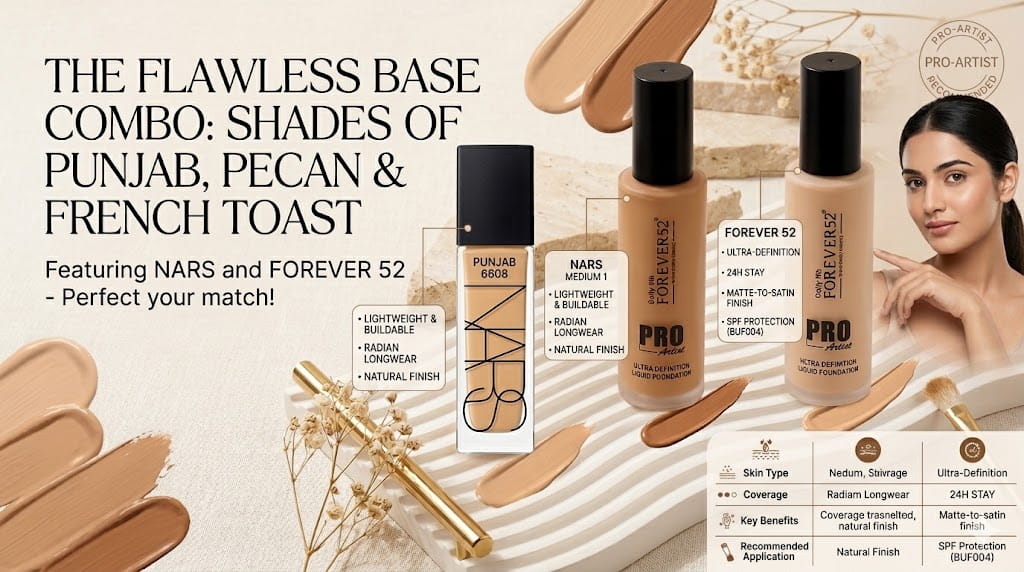 Pro-Artist Base Bundle Foundation Combo with NARS Punjab 6608 and Forever 52 Pecan BUF008 French Toast BUF004 professional makeup base kit