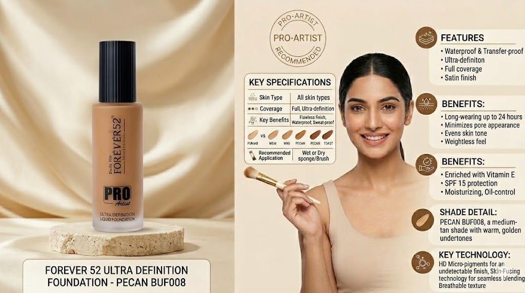 Forever 52 Ultra Definition Liquid Foundation Pecan BUF008 full coverage waterproof satin finish professional makeup foundation